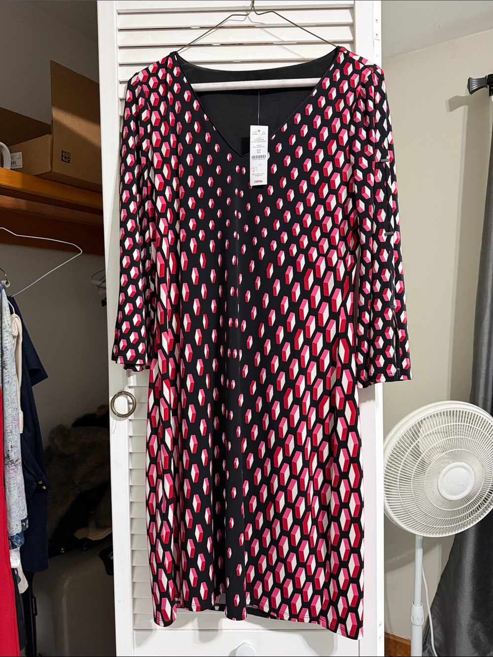 White House Black Market Black Midi Dress with Pink Geometric Print
